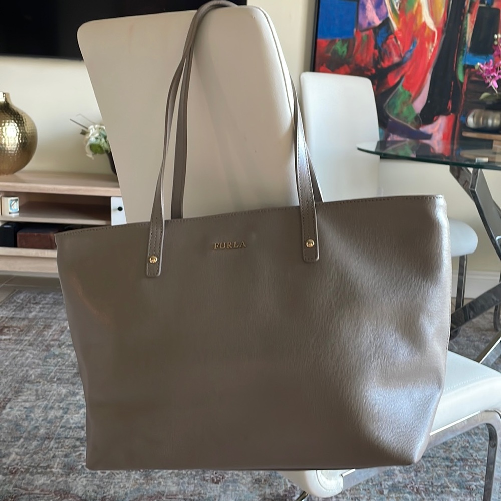 Furla Taupe Oversight Leather Tote Bag.